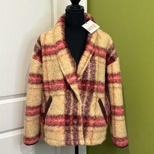 Knox Rose Burgundy Check Print Teddy Jacket Size Large NWT